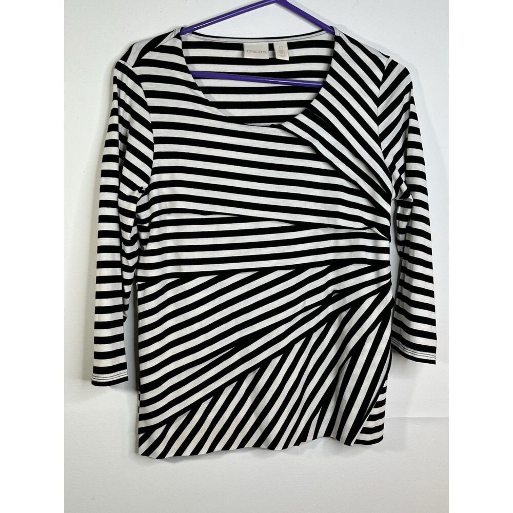 Chicos Striped V neck sz 0 small 4 3/4 sleeve Black White Striped